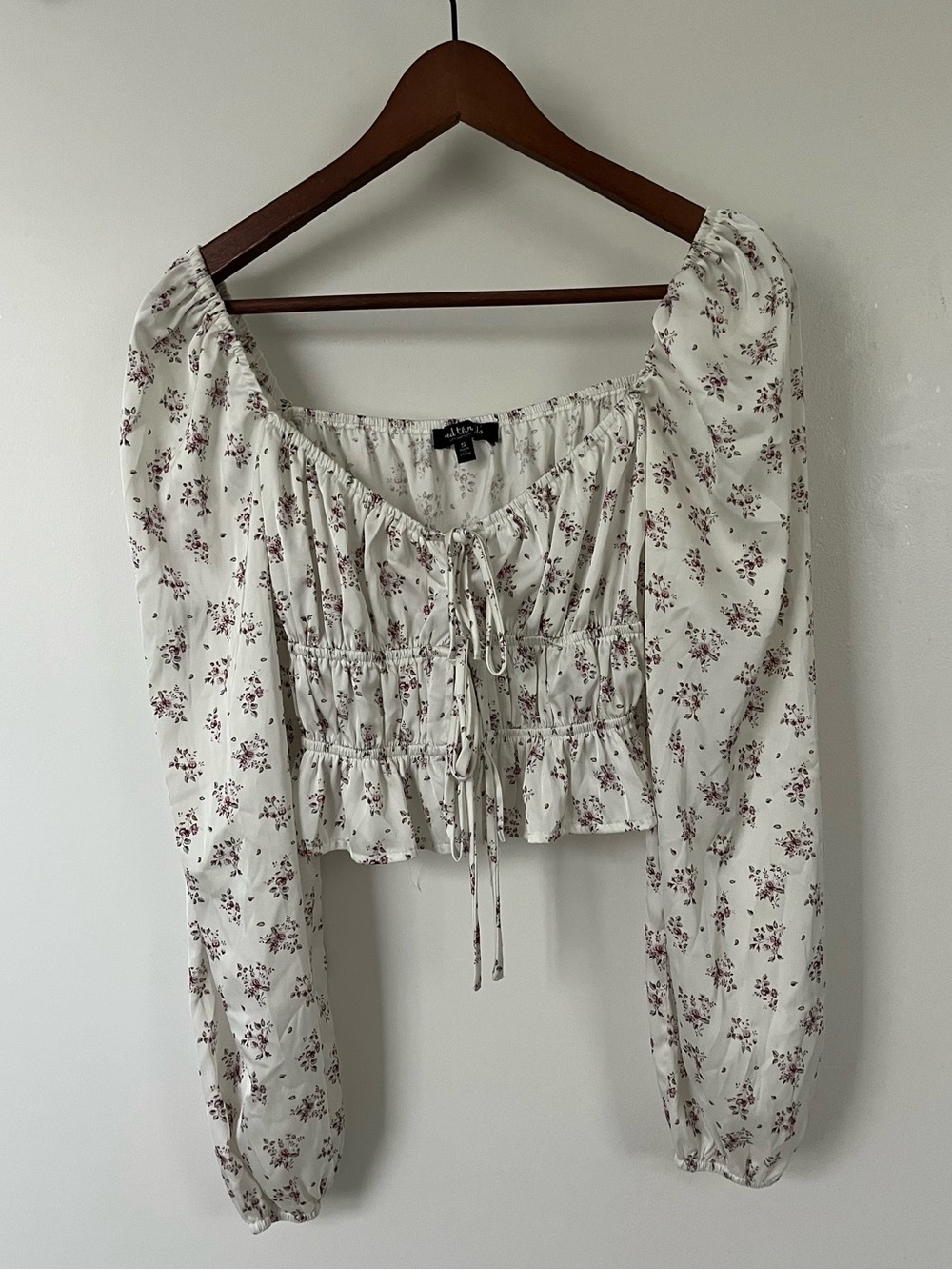 Smocked Floral Tie-Front Long Sleeve Blouse Cream size Small